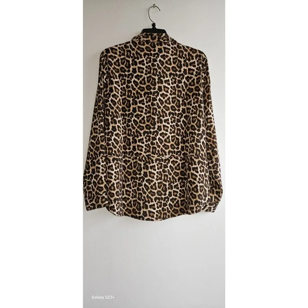 Michael Kors Women's Dark Camel Leopard Print Long Sleeve Tunic Blouse Top L NWT